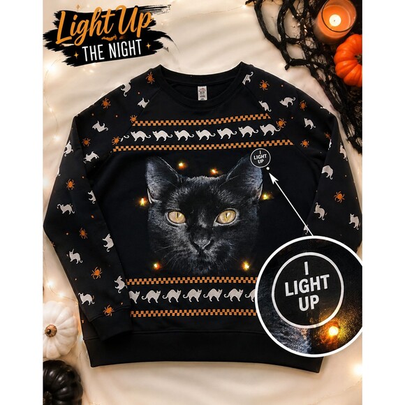 Celebrate Halloween Tops - Black Cat Light Up Sweatshirt Womens XL 15-17 Halloween Cat Mom Graphic Pullover